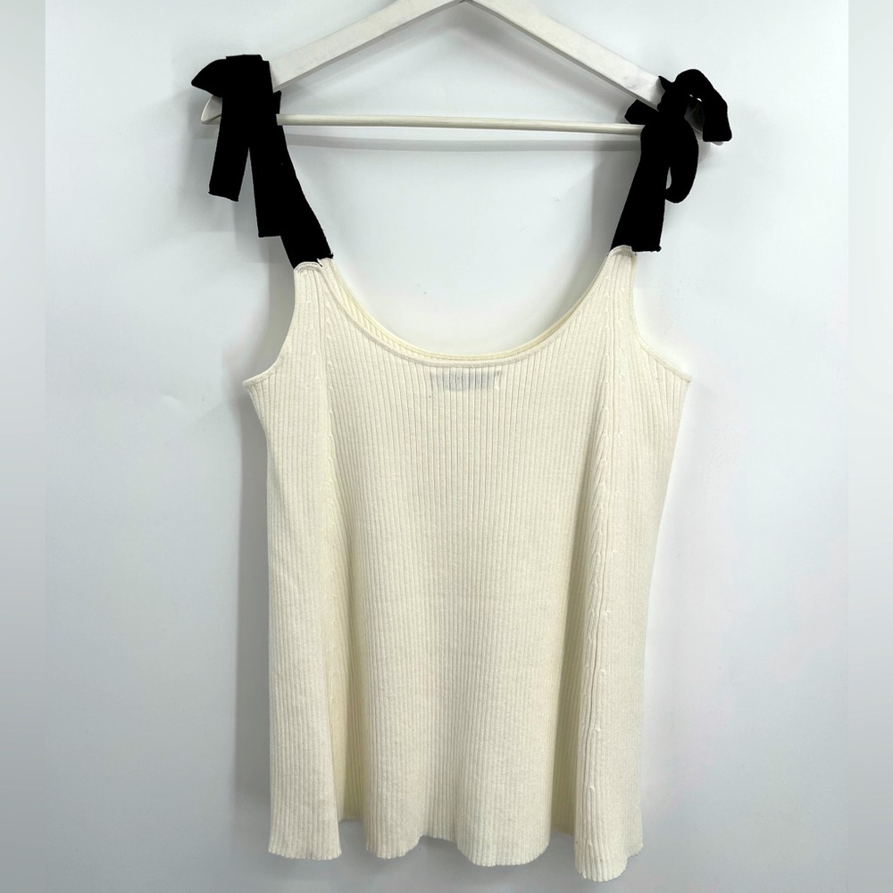 Zara Knit Top Tie Shoulders Ribbed Knit Top Ivory & Black Size Small